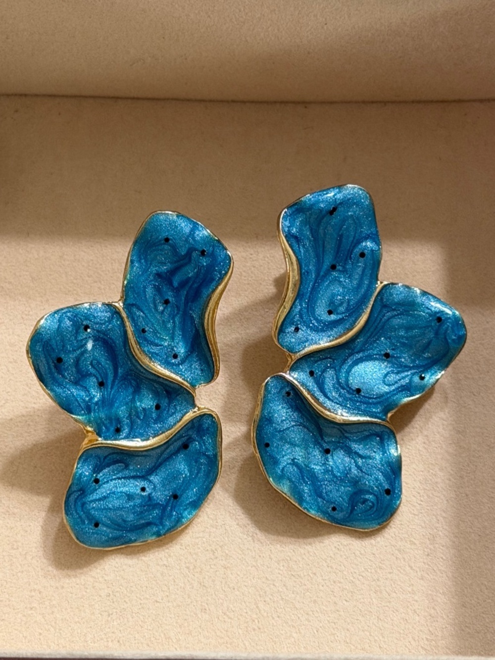 & Black Polka Dot 3-Petal Statement Flower Enamel Earrings - Gold Tone